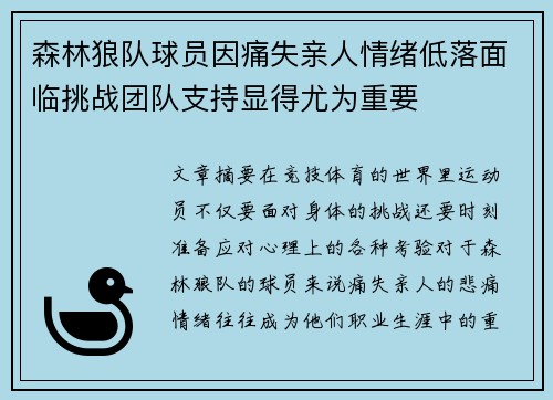 森林狼队球员因痛失亲人情绪低落面临挑战团队支持显得尤为重要