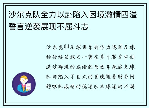 沙尔克队全力以赴陷入困境激情四溢誓言逆袭展现不屈斗志