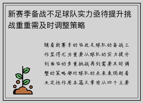 新赛季备战不足球队实力亟待提升挑战重重需及时调整策略