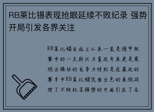 RB莱比锡表现抢眼延续不败纪录 强势开局引发各界关注